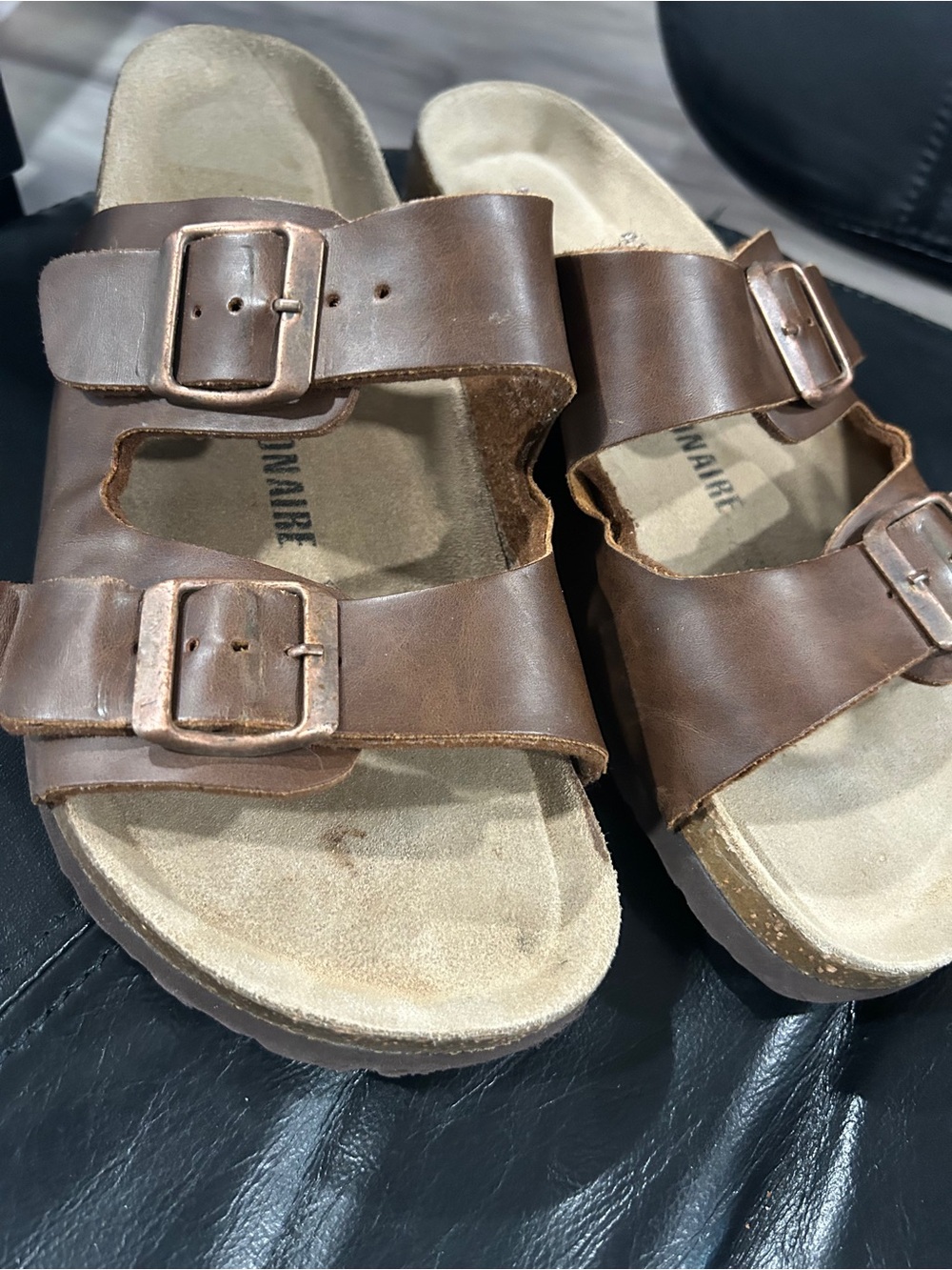 Cushionaire Double-Buckle Brown Leather Slide Sandals 7w